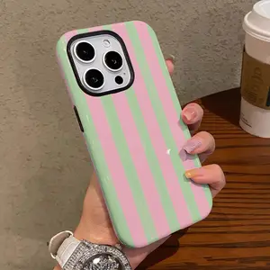 Stylish Phone Cover Featuring a Pink And Green Striped Color Block, Compatible with for iphone 17 16 Pro Max, 15 Pro, 13, 11, 12, XS, 8 Plus, And 7, Showcasing a Shiny 2-In-1 Compatible with Samsung Galaxy S25