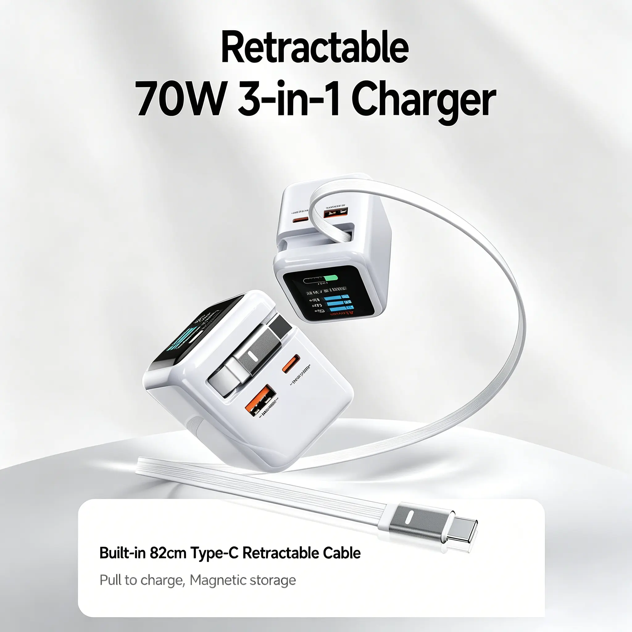 VOULAO C01 70W 3-in-1 Charger with an 82cm Retractable Charging Cable, LED Display Screen, and Real-Time Power Output Monitoring. Supports charging for smartphones, tablets, laptops, and multiple devices simultaneously