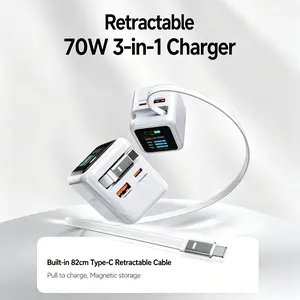 VOULAO C01 70W 3-in-1 Charger with an 82cm Retractable Charging Cable, LED Display Screen, and Real-Time Power Output Monitoring. Supports charging for smartphones, tablets, laptops, and multiple devices simultaneously