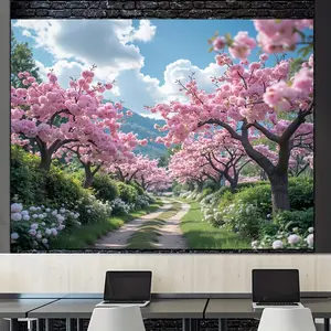 1pc European Style Pink Cherry Blossom Wall Backdrop - 100% Polyester, Serene Spring Garden Scene with Blooming Sakura Trees, Perfect for Photography Studios, Living Room Decor, Outdoor Festivities