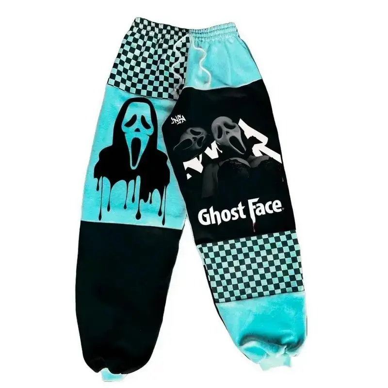 Ghost Face Patchwork Sweatpants, Graphic Checkerboard Joggers, Horror-Inspired Streetwear, Unisex Oversized Casual Lounge Pants
