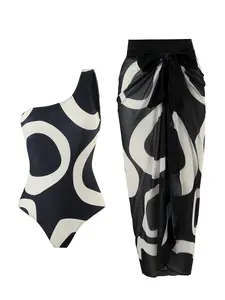 Summer Bohemian Geometric Print Two-Piece Swimsuit Set, Colorblock One-Piece Swimwear & Sheer Skirt, Beach Vacation Women's Bathing Suit, Skirted Bathing Suit, Modest Swimsuits