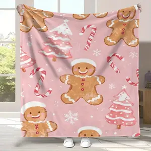 Vintage Christmas Gingerbread Flannel Throw Blanket - Soft Cozy Polyester Knit, Digital Print, Multipurpose All-Season Cover For Bed Sofa Home Decor, Machine Washable