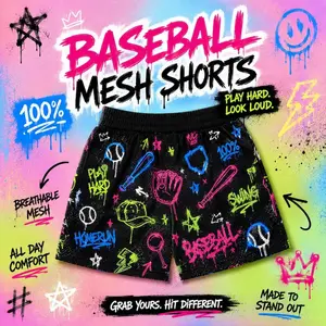 Baseball Mesh Shorts Men Women Graffiti Homerun Swing Bat Glove Cap Neon Print Streetwear Loose Casual Gym Athletic Sport Breathable All Day Comfort