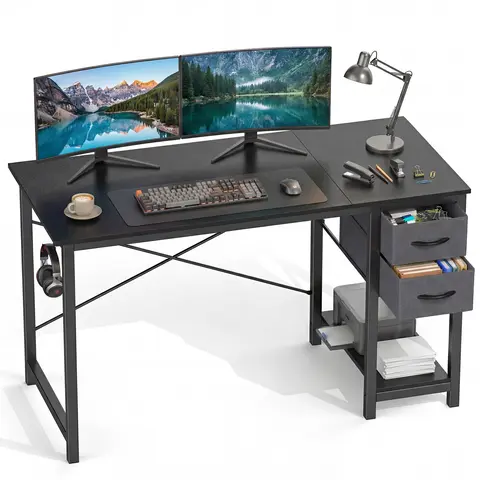 Sweetcrispy Computer Desk - Furniture-Style Minimalist Modern Workstation with Multiple Drawers, X-Shaped Reinforcement, Sturdy Metal Frame, Side Hook, Computer Desk Stand for Home Office Study Use, Modern Desks & Workstations