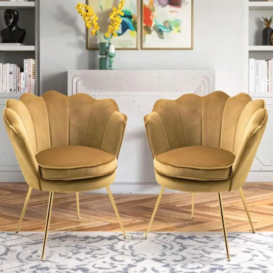 Petal Chair 2 Piece Set, Upholstered Velvet Accent Chair With Cushion And Metal Legs, Vintage Casual Tufted Flower Chair For Living Room Bedroom Reading Area