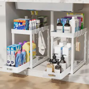 2PC Under Sink Organizer Rack 2 Tier Under Sliding Cabinet Basket Organizer Drawer with 8Hooks, Multi-purpose Under Sink Storage for Bathroom Kitchen Desktop