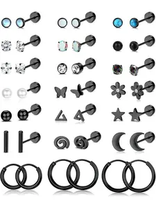 21 Pairs Black Bar Moon Star Flower Ear Piercing Pieces for Women Men Surgical Steel with Excellent Performance Practical Screw Back Locking Structure Flat Back Cartilage Earrings Stable Fit and Easy Insertion Classic Solid Compact Minimalist Silhouette