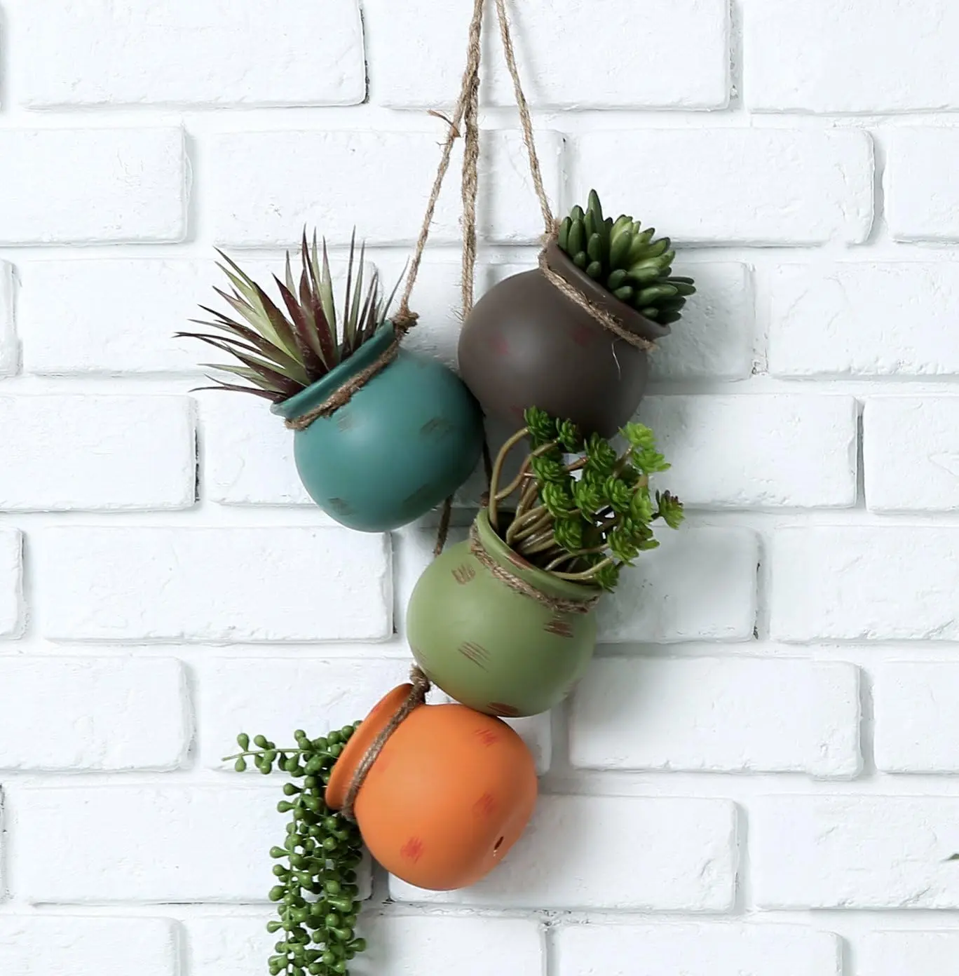 Ceramic Hanging Pots - 4-Piece Southwest Desert Color Round Swing Pot Set with Jute Rope Decorative Hangers, Drainage Hole, Top Loop, 3.7in H × 3.7in Diameter, Mini Garden Wall Decor Planters