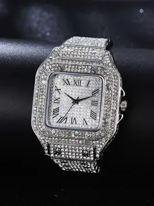 Men's Luxury Rhinestone Decorated Square Dial Analog Quartz Watch, Fashion Classic Watch For Gift, Without Box, Rhinestone Watches, Square Dial Wristwatch
