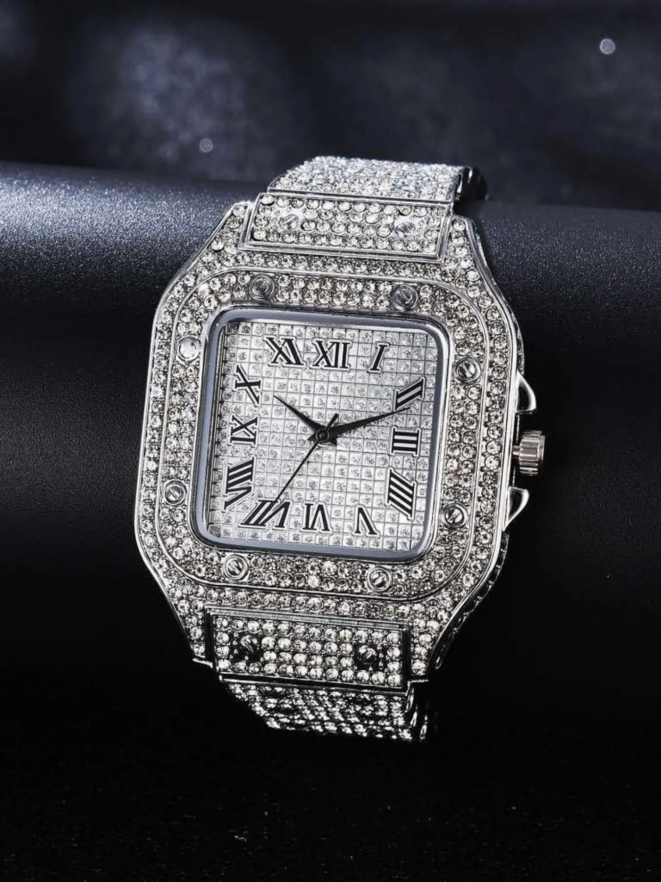 Men's Luxury Rhinestone Decorated Square Dial Analog Quartz Precision Watch, Fashion Classic Metal Elegance Accessories for Gift, without Box