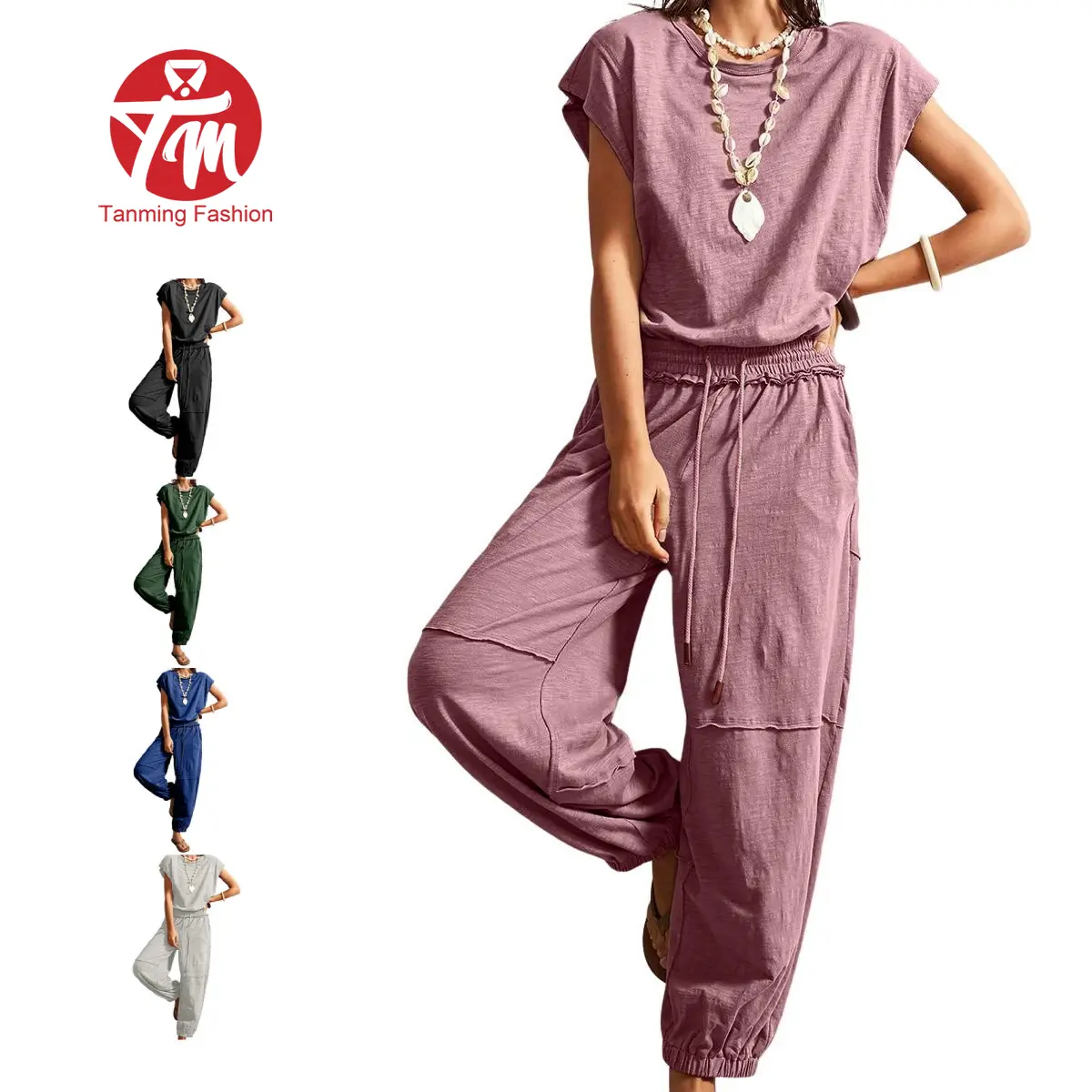 Tanming Women's Basic Cotton Blend Loose-Fit Crewneck Cap Sleeve Drawstring Waist Overalls with Pockets - Casual Chic Street Jumpsuits for Women Outfits