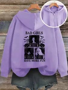 Women's Halloween Graphic Hoodie, Sanderson Sisters Print Pullover, Casual Fitted Zipper Sweatshirt, Fall Winter Fashion
