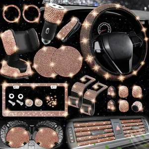 27 PCs Gold Champagne Bling Car Accessories Set for Women, Steering Wheel Covers Universal Fit 15 Inch, Bling License Plate Frame, Bling Phone Holder, Bling Car Coasters