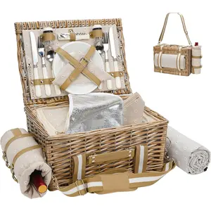 Picnic Basket for 2-19Pcs Wicker Picnic Set with Waterproof Blanket & Wine Bag |   Large Picnic Hamper with Insulated & Cutlery Kit for Couples Camping,White,15x10.6x7.5inch