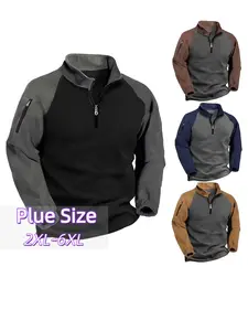 New Autumn and Winter, Men’s Plus Size Double-Sided Fleece Half-Zip Pullover, Oversized Warm Stand Collar Henley Athletic Sweatshirt, Color-Block Design, Casual Outdoor Sports Stand-Collar Top Long Sleeves, Pullover for Big & Tall Men