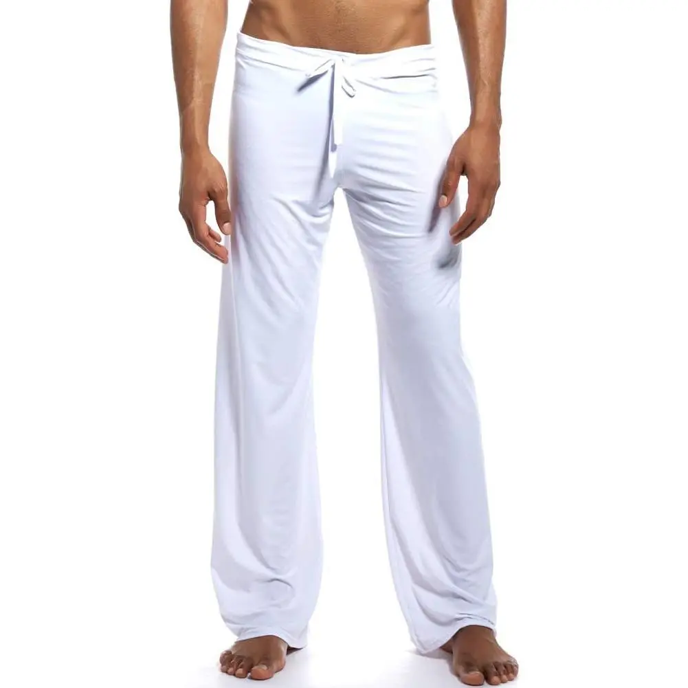 Men Soft Ice Silk Long Yoga Pants Sexy Low Rise Elastic Drawstring Sleep Bottoms