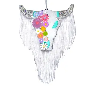 Floral & Bedazzled Bull Custom Car Freshie Freshener with Glittery Horns and Colorful Flowers