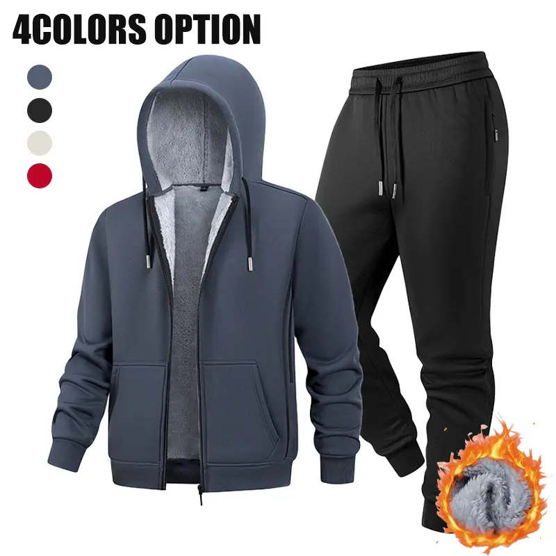 Men’s winter fleece-lined thick sports two-piece set featuring a zip-up hooded sweatshirt and drawstring jogger pants; suitable for everyday commuting, outdoor activities, cold weather protection, and casual wear.