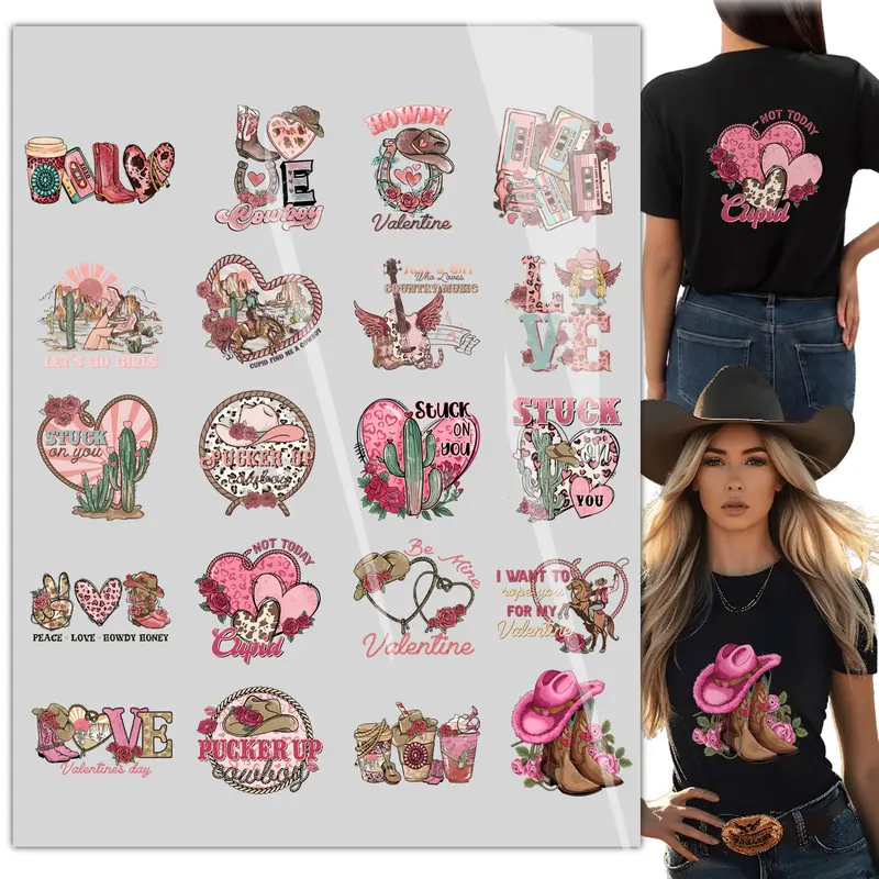 20sheet Retro Howdy Valentines Bundle| Western Cowboy Iron On Transfer T-Shirt Stickers Iron Heat Transfer Direct to Film Transfer DTF Transfers DTF transfers ready to press for T-Shirt /bag/Pillow
