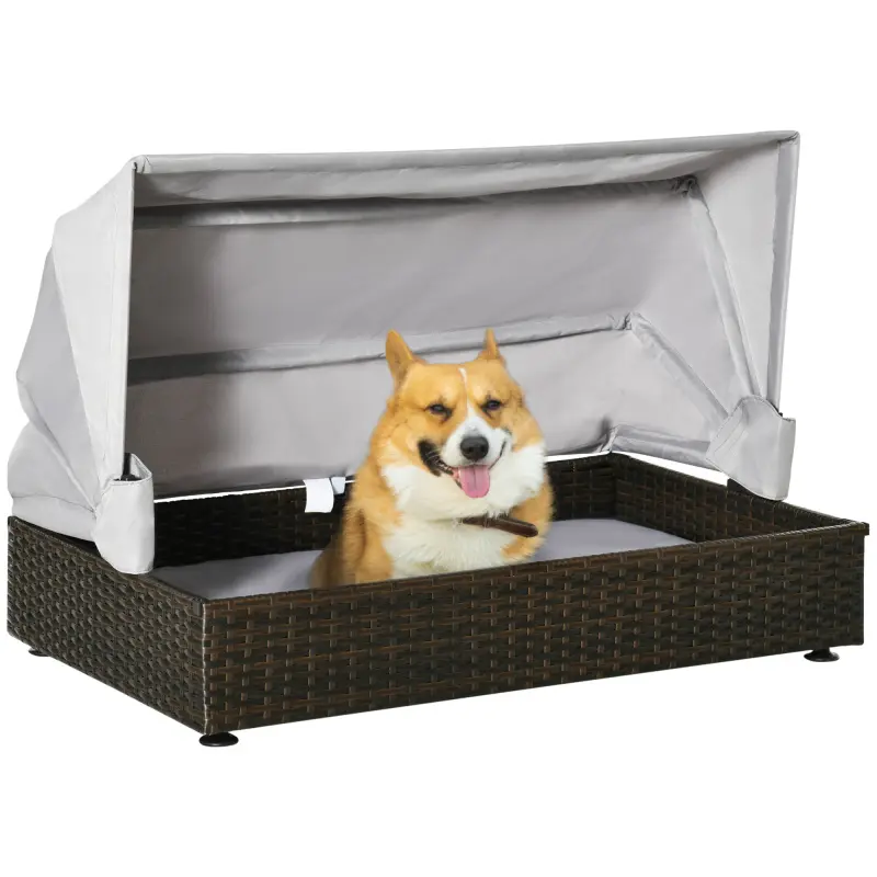 High-End Rattan Dog Bed - Elevated Pet Sofa with Foldable Adjustable Roof, Waterproof, 35.5" W x 23.5" D x 25.5" H, Easy to Move, Indoor/Outdoor Garden Patio Use for Small-Medium Pets, Coffee