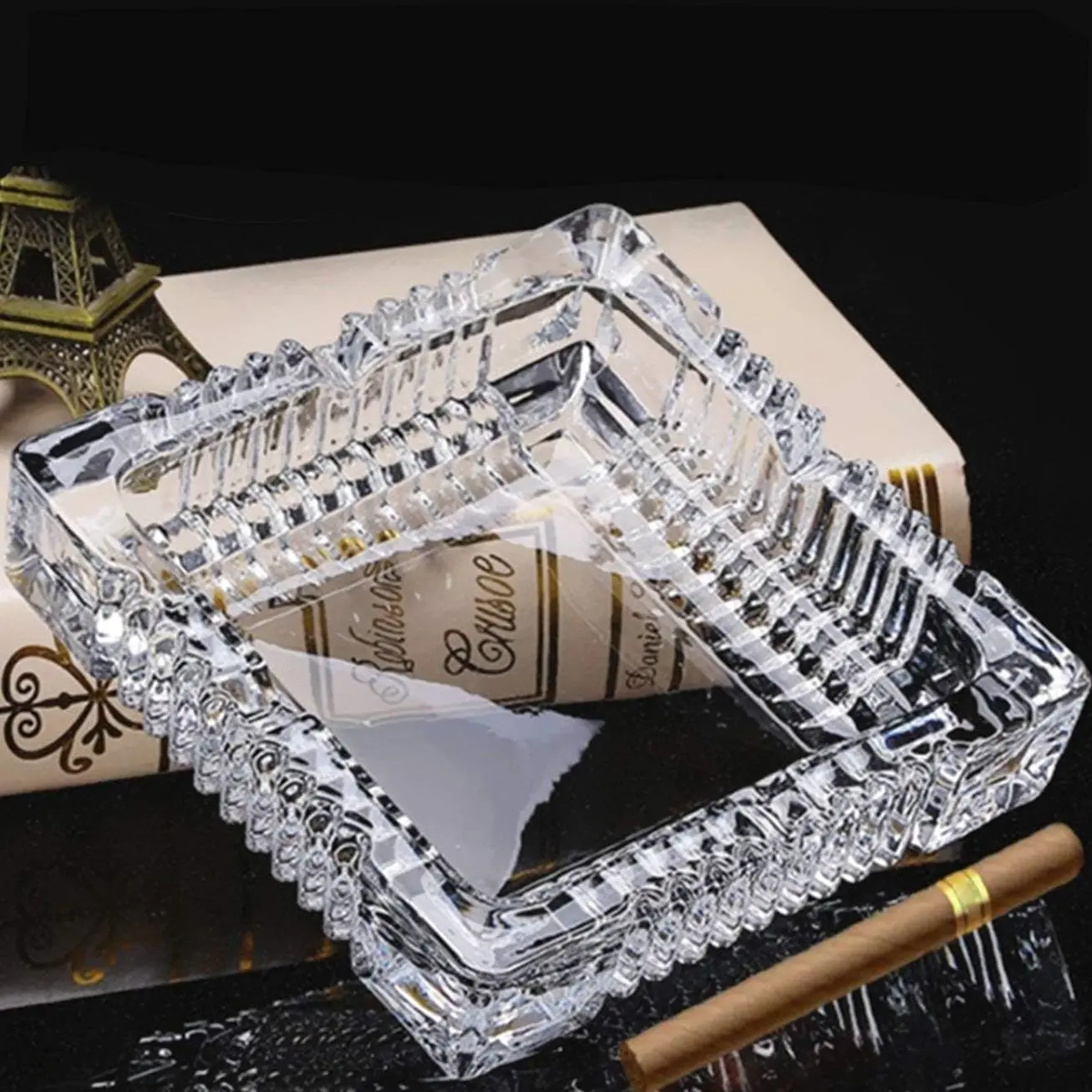 Square Glass Ashtray for Cigars Cigarettes, 7" Large Ash Tray for Men Outdoor Use, Smoking Ash Holder for Smoker Patio Office Tabletop