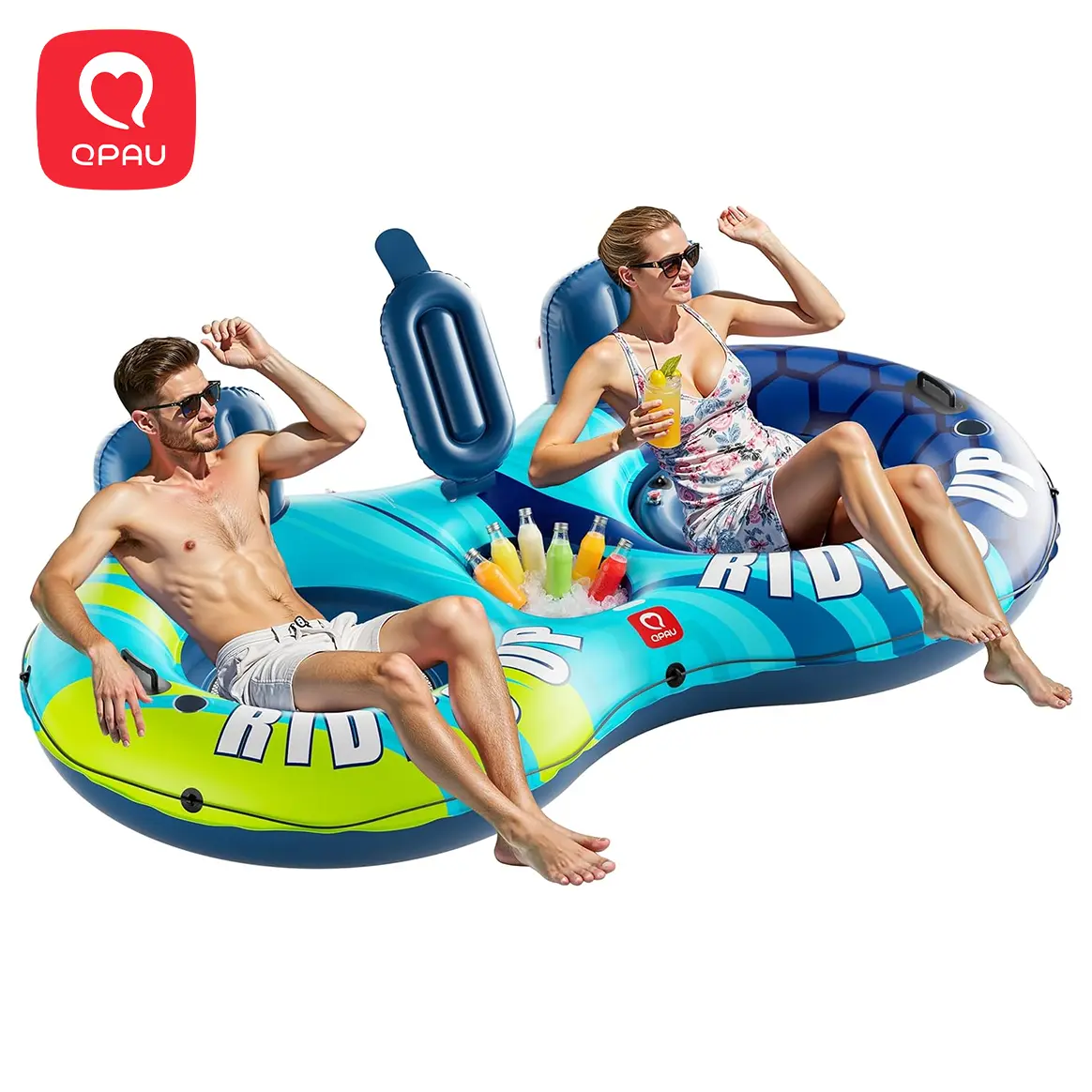 QPAU Inflatable Double River Tube, 2 Person 660lb Capacity, Puncture-Resistant 93" Sturdy Heavy Duty River Float, River Raft with Ergonomic Backrest, Cooler & Cup Holders for Family, Children's Day Gifts for Kids