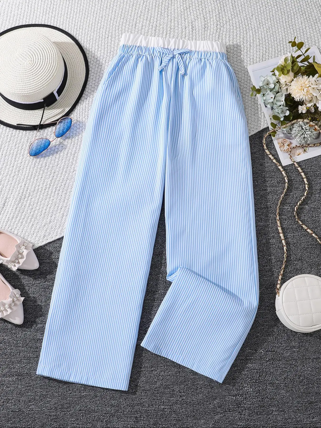 Girl's Striped Print Bow Decor Elastic Waist Pants, Casual Pocket Straight Leg Trousers for Spring & Fall, Kids Bottoms for Daily Wear
