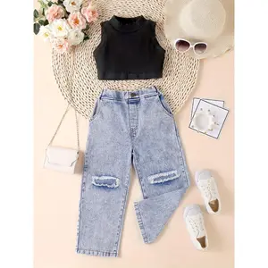 (New) Girls' 2-Piece Casual Polyester Suit - Loose Denim Ripped Trousers, High Mock Neck Short Vest, European & American Style, Ideal for Outdoor Activities