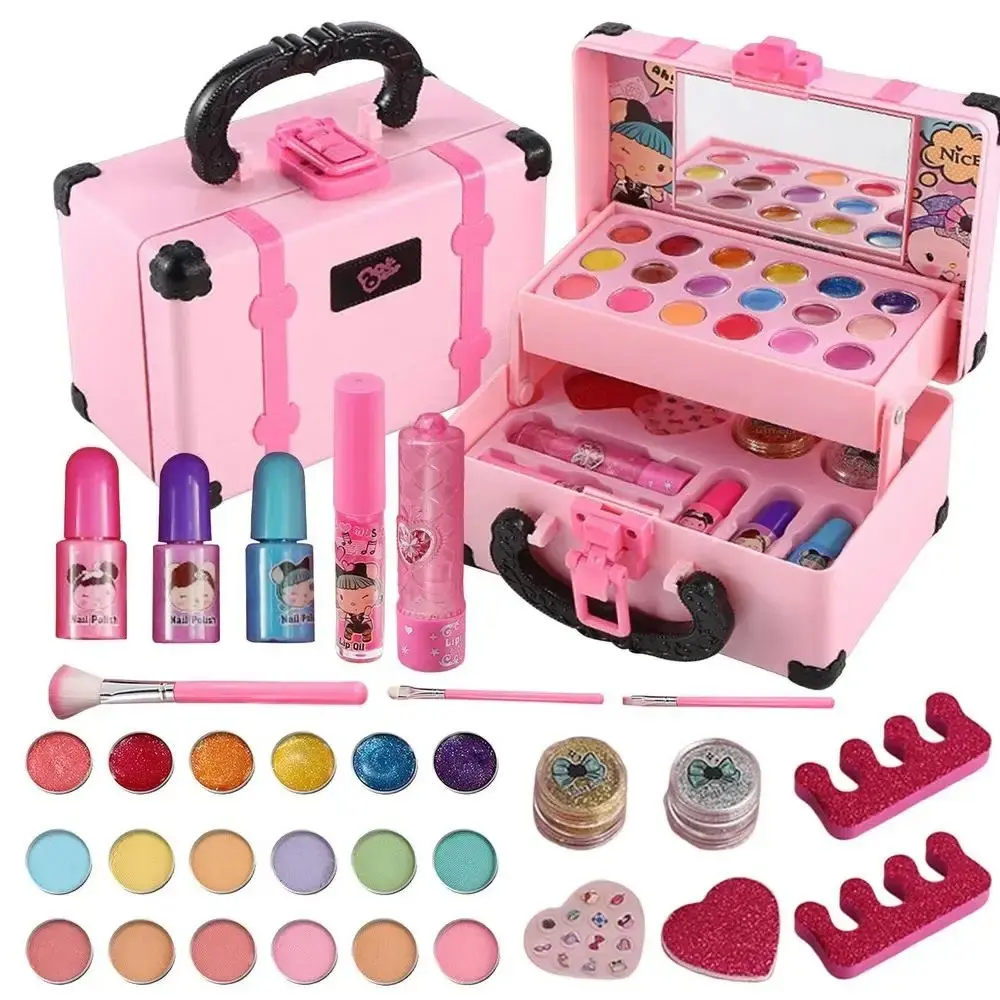 Makeup Toy Set, Pretend Play Set, Pretend Playset, Washable Cosmetic Kit with Eyeshadow Lipstick Blush Nail Polish, Portable Storage Box, Perfect Gift for Christmas Easter Birthday Party, Kids Vanity