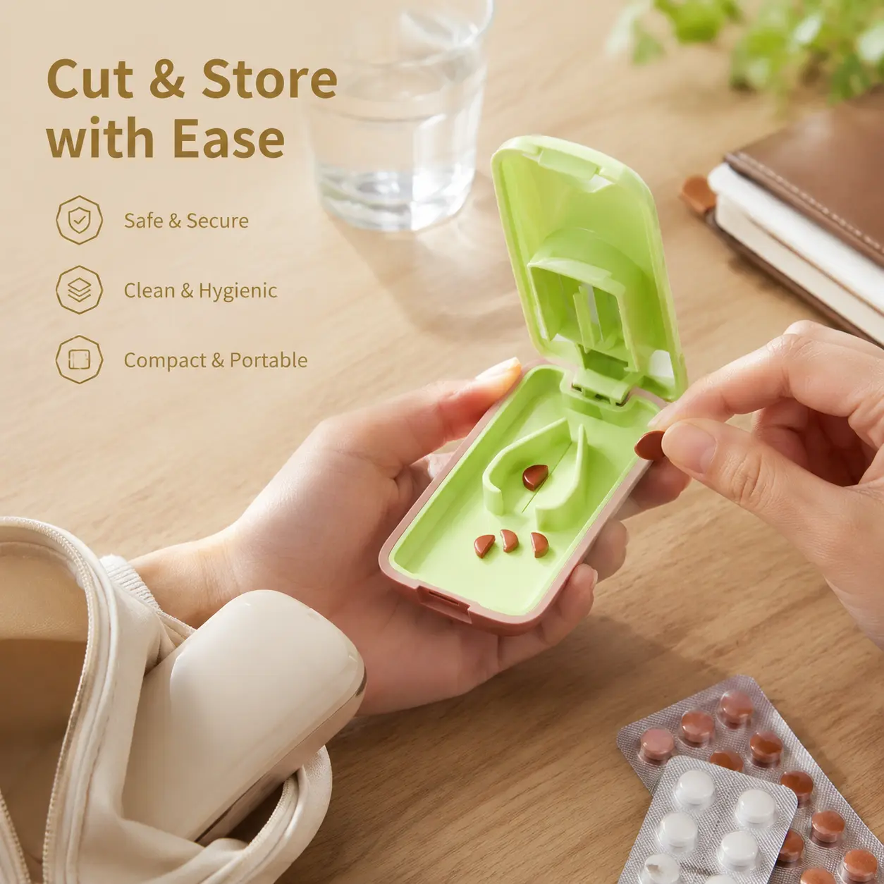 1 Count 2-in-1 Pill Cutter with Storage Compartment, Detachable Silicone Lining Portable Tablet Splitter for Home and Outdoor Daily Use