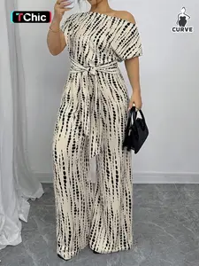 Women's Plus Size Abstract Print Jumpsuit, Womenswear, Asymmetric One Shoulder, Short Sleeves, Waist Tie Belt, Wide Leg Full Length, Side Zipper Closure, Smooth Drapey Woven Fabric, Office Commute, Date Night & Party Wear, Breathable Fabric