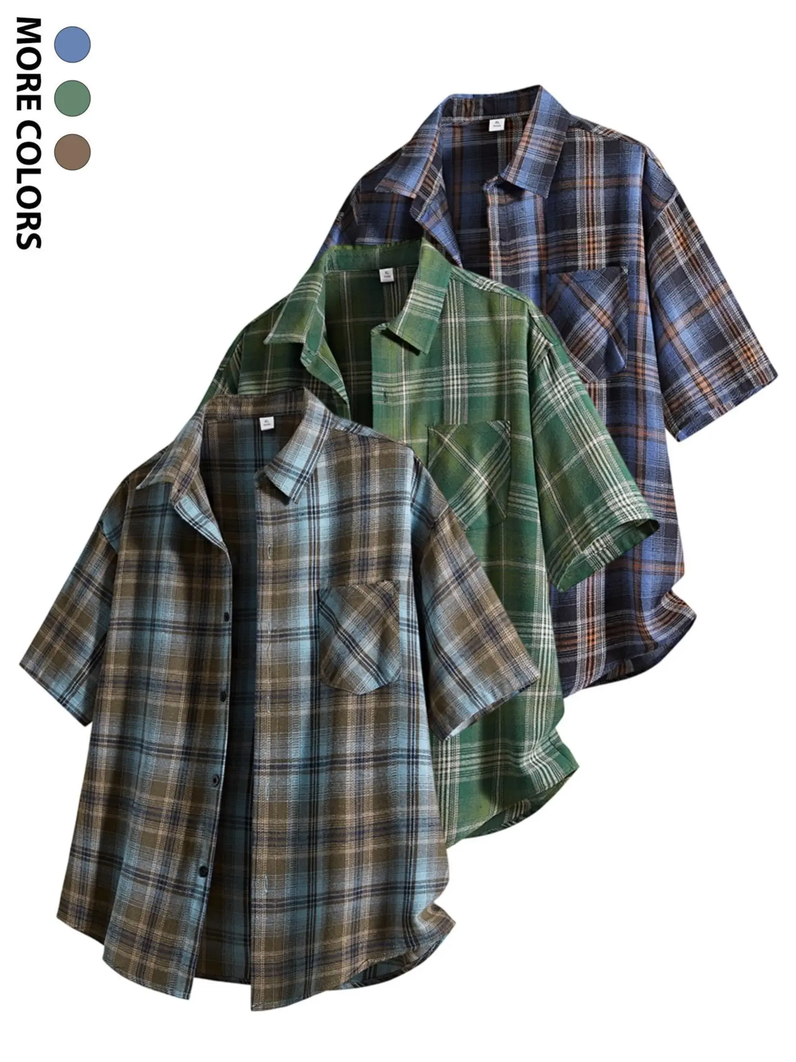 Men's Short Sleeve Plaid Shirt Vintage Button Down Casual Tops Oversized Checkered Collar Shirts Male Summer Streetwear Retro Fashion Apparel cozy soft cool clean chic active relaxed comfy modern vibe hype fresh dope fly trendy stylish daily Multi-Color