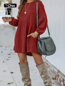 Women's Plain Textured Ribbed Pocket Bishop Sleeve Short Dress, Casual Chic Round Neck Long Sleeve Dress for Lady Spring & Fall, Women's Clothes for Daily Wear, Womenswear