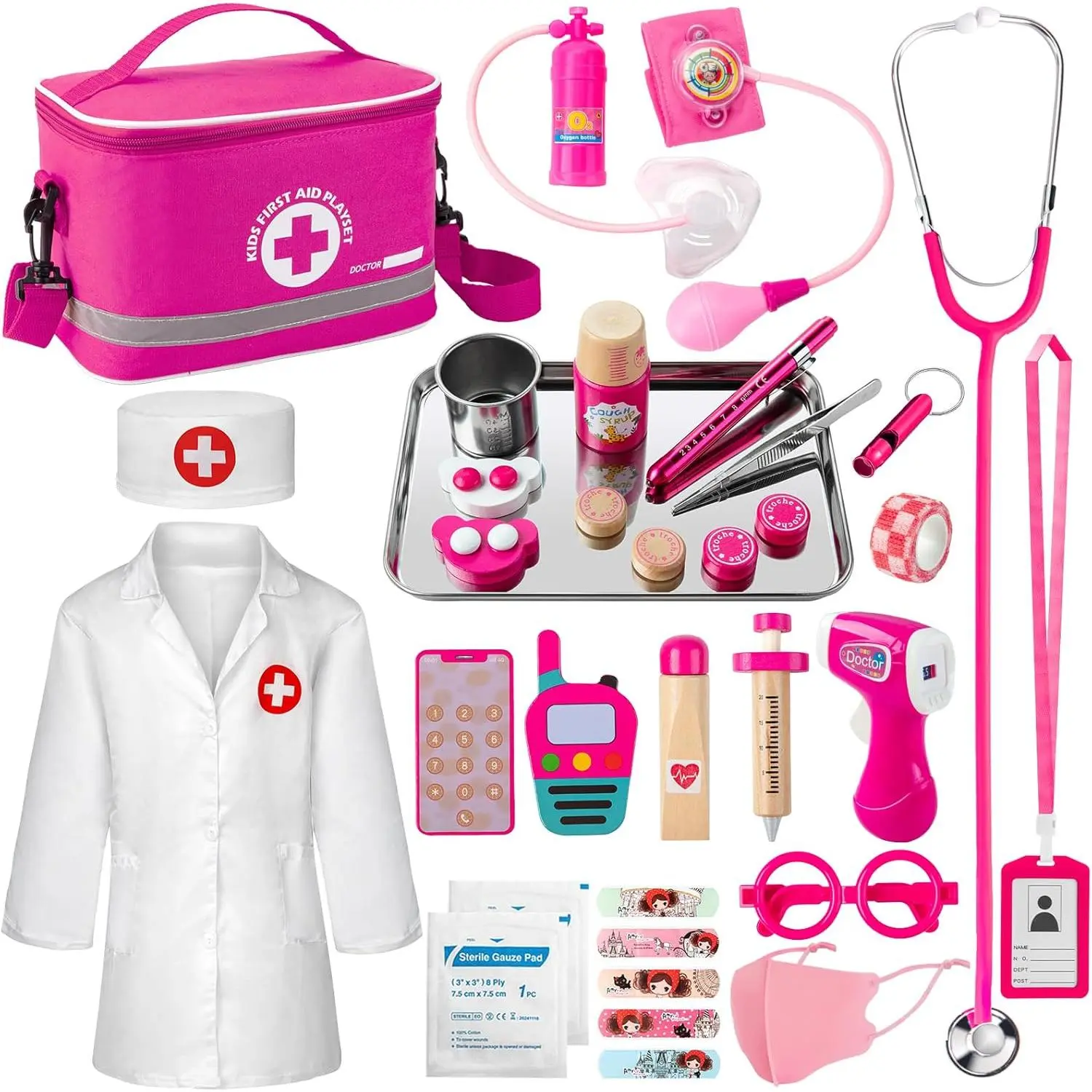 Pretend Doctor Playset for Kids and Toddlers, 34-Piece Educational Kit with Real Stethoscope and Canvas Storage Bag, Multi Activity Playset for Role Playing, Birthday Presents, Christmas Presents, No, Unisex