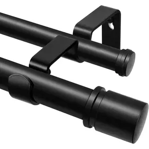 Double Curtain Rod 72 to 144 Inch,  1 Inch Telescoping Double Curtain Rods for Windows, Heavy Duty Double Drapery Rod with Simple Cap Finials, Black