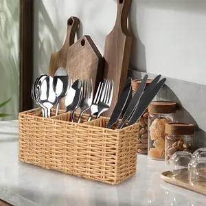 Wicker Flatware Silverware Caddies Cutlery Holder Best Kitchen Silverware Organizer Storage for Countertop Silverware Utensils Holder Party Spoon Knives Fork Holder Flatware Utensil Caddy Metal Plastic Steel Boxes Decor Rattan maid of honor gift grain bin
