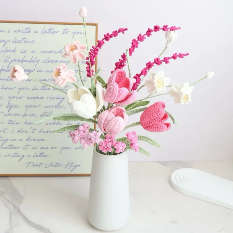Forever Flowers Handmade Crochet Flower Bouquet in Ceramic Vase - Pink & White Tulips, Daffodils, and Cosmos - Eco-Friendly, No Watering Needed - Perfect for Home Decor, Desk Decor, and Gifts Decorative Wedding