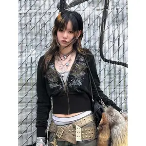 GothicPrintRhinestoneHoodedJacket,ZipperLongSleeveStreetwearCoat,FallHalloween,Women'sFashionOuterwear