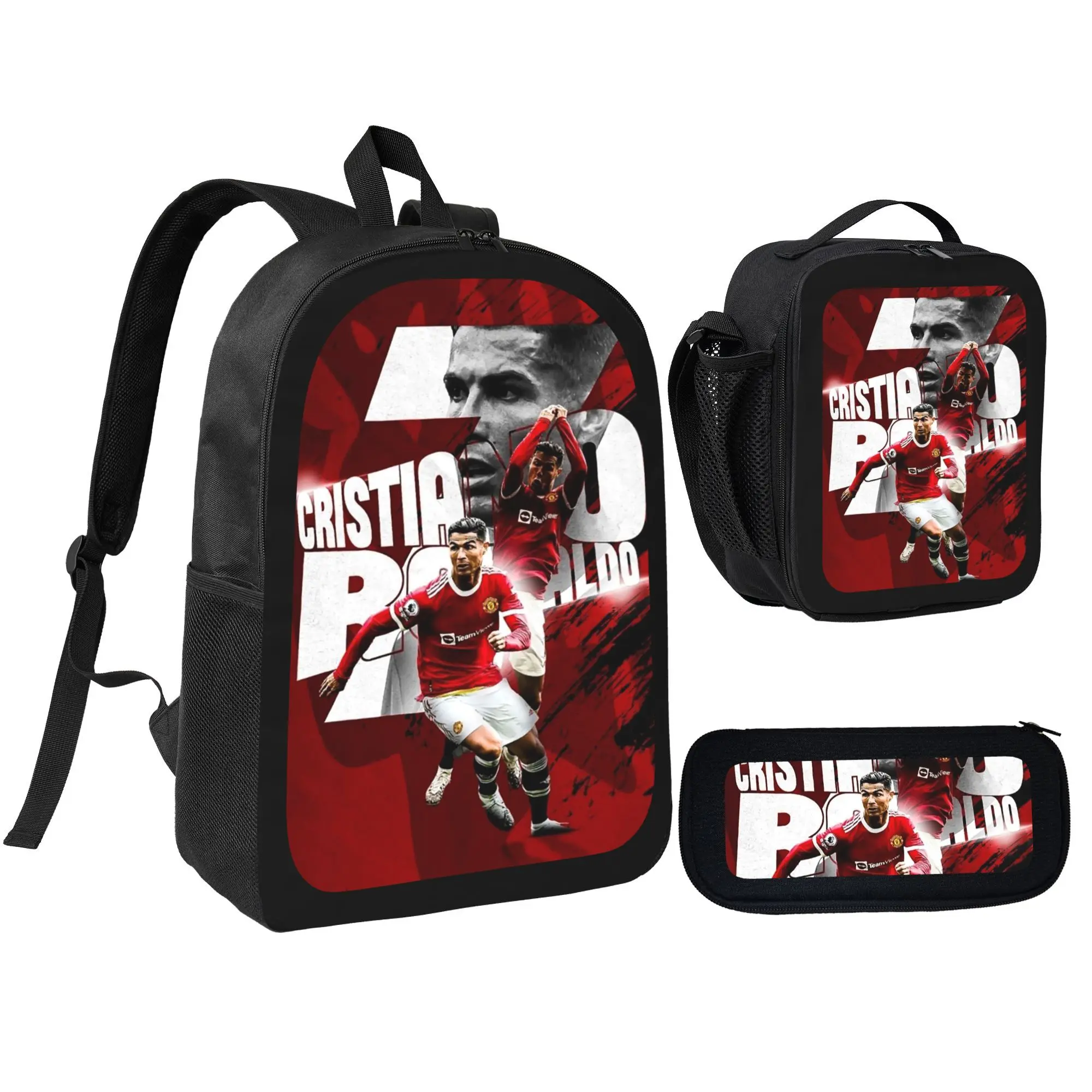 Aesthetic CR7 Ronaldo Daypack Set, 3PCS Student Backpack Kit with Insulated Lunch Tote Bag and Pencil Bag, Breathable Lightweight Oxford Bookbag for Boys Teens Football Lovers