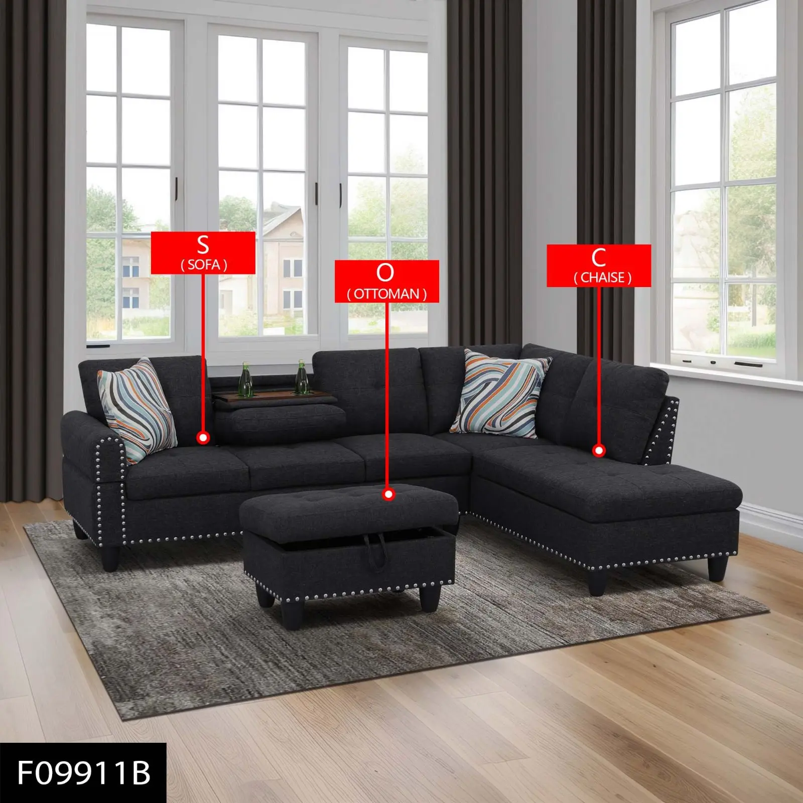 Modern L-Shaped 3-Piece Sectional Sofa Set with Storage Ottoman, Black Linen Reversible Modular Couch with Drop-Down Cup Holder Console & Nailhead Trim, High-Density Foam Living Room Furniture