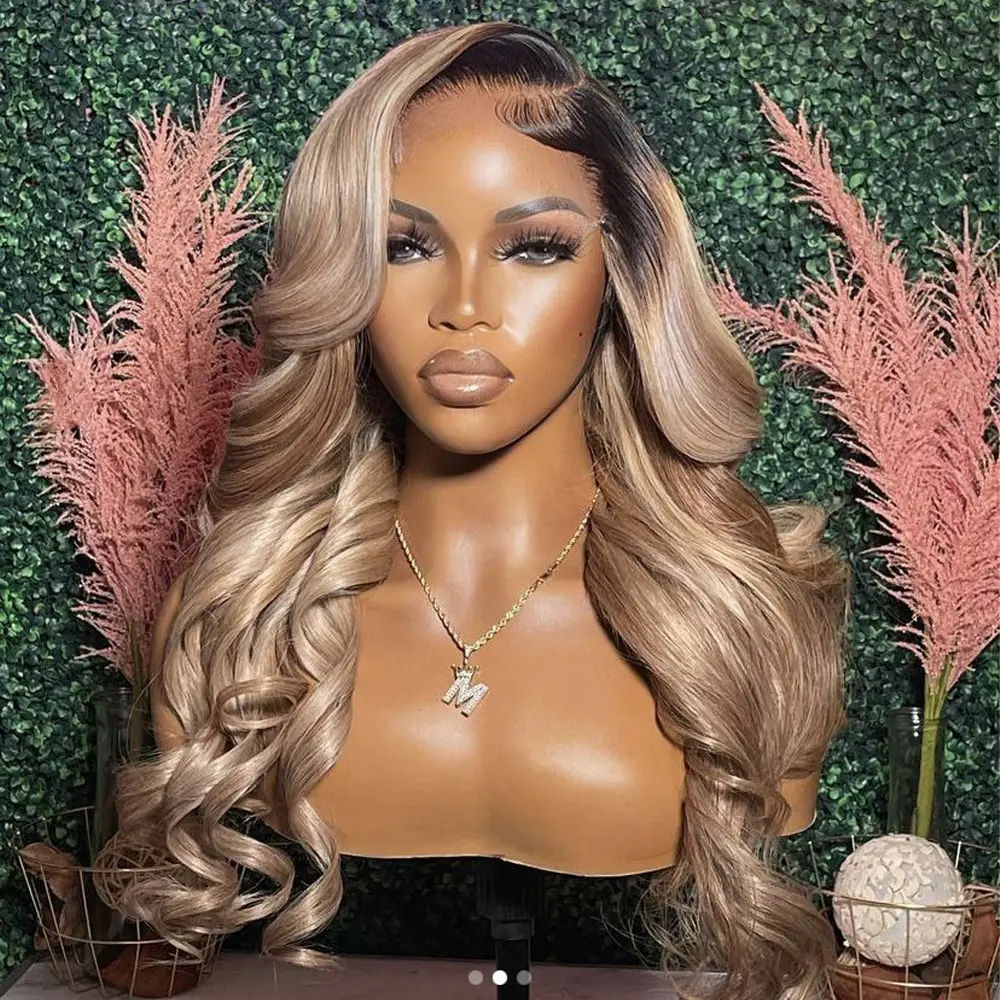 Ombre Ash Blonde 13x6 Drawstring Lace Front Body Wave Wigs for Women Ombre Blonde Colored  Milk Tea Body Wave Lace Front Wigs Pre Plucked Pre-Cut Lace Front Human Hair For Women