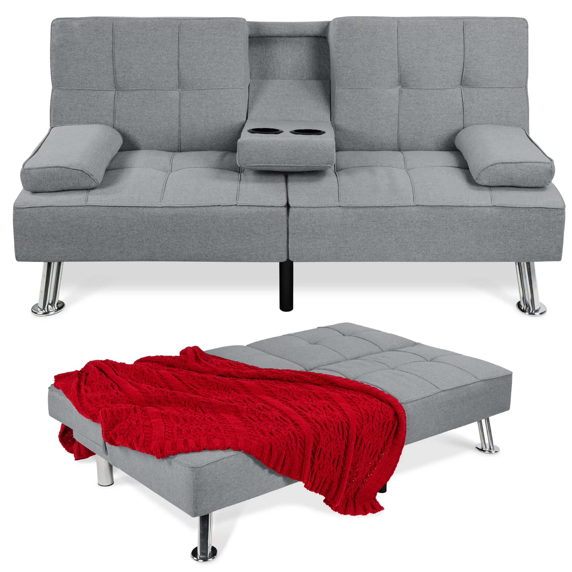 Best Choice Products Modern Linen Convertible Futon Sofa Bed w/ Removable Armrests, Metal Legs, Cupholders Best Choice Products Modern Linen Convertible Futon Sofa Bed w/ Removable Armrests, Metal Legs, Cupholders