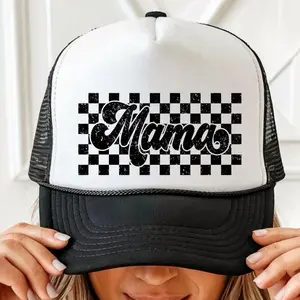 Mama Trucker Hat Checkered Black White Mom Cap Graphic Snapback Adjustable Mesh Casual Wear Unisex Cream Color