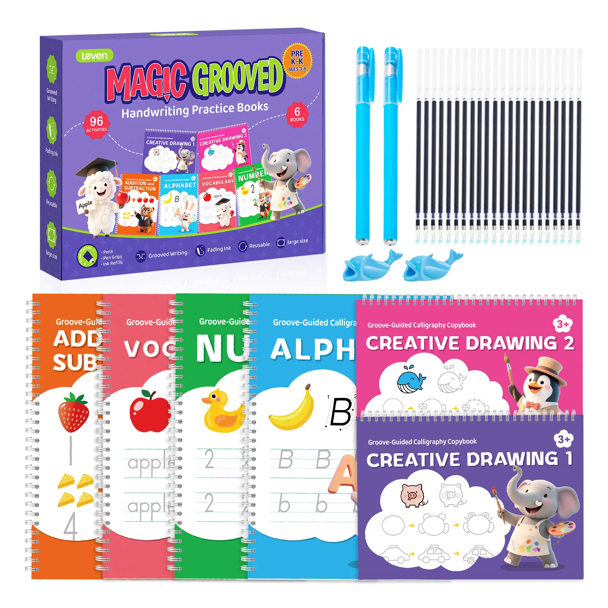 Leven Magic Grooved Writing Practice Books for Kids – 2026 Ultimate Handwriting Set with Reusable Copybooks, Tracing, Numbers, Letters & Math, Plus Disappearing Ink for Preschool Learning – 6 Large Workbooks (Ages 3-10, Boys & Girls Gift)
