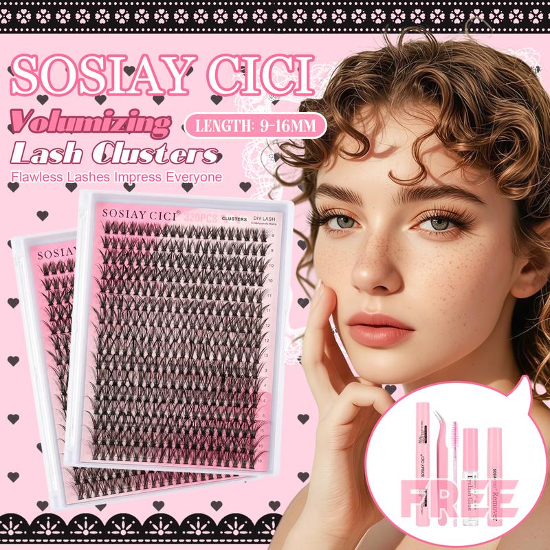 SOSIAY CICI DIY Lash Extensions Kit 320pcs 40D Individual Lashes Clusters 9-16mm with Applicator Lash Bond Seal & Remover Glue Mix for Flawless At Home Application