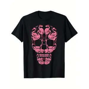 Creative Flamingo Skull Men's T-Shirt 180g Pure Cotton Casual Tropical Bird Graphic Print Top Aesthetic Streetwear for Beach Holiday S-5XL