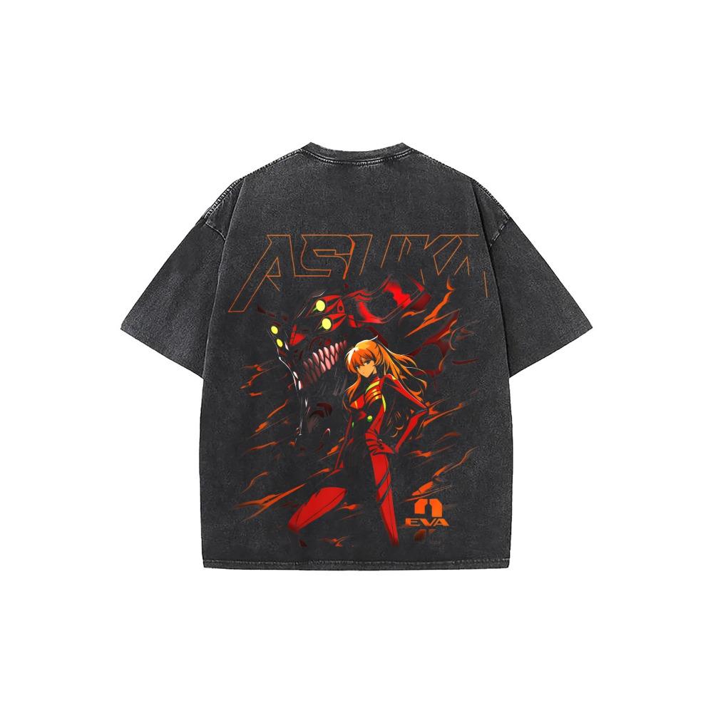 Vintage Washed Neon Genesis Evangelion Asuka Langley Soryu Graphic Tee, Oversized EVA NERV Anime Streetwear T-Shirt for Men Women, Retro Anime Aesthetic Summer Top
