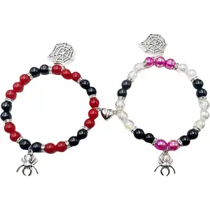 Household daily necessities 2-Pack Spider Friendship Bracelets for Couples, Halloween Jewelry Gift - Stretchable Adjustable Crystal Bead Bracelet with Heart Charm, Love Promise Bracelet for Him Her Best Friend