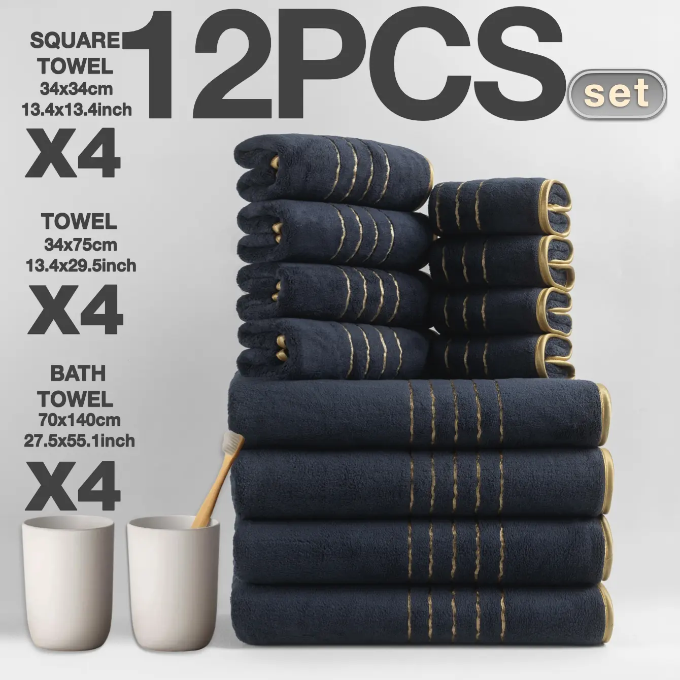 Luxury Border Bath Towel Set, Premium Bath Towels, Ultra Soft Absorbent Quick Dry Bathroom Accessories, Modern Design Ideal for Home & Travel Use, Premium Towel Set